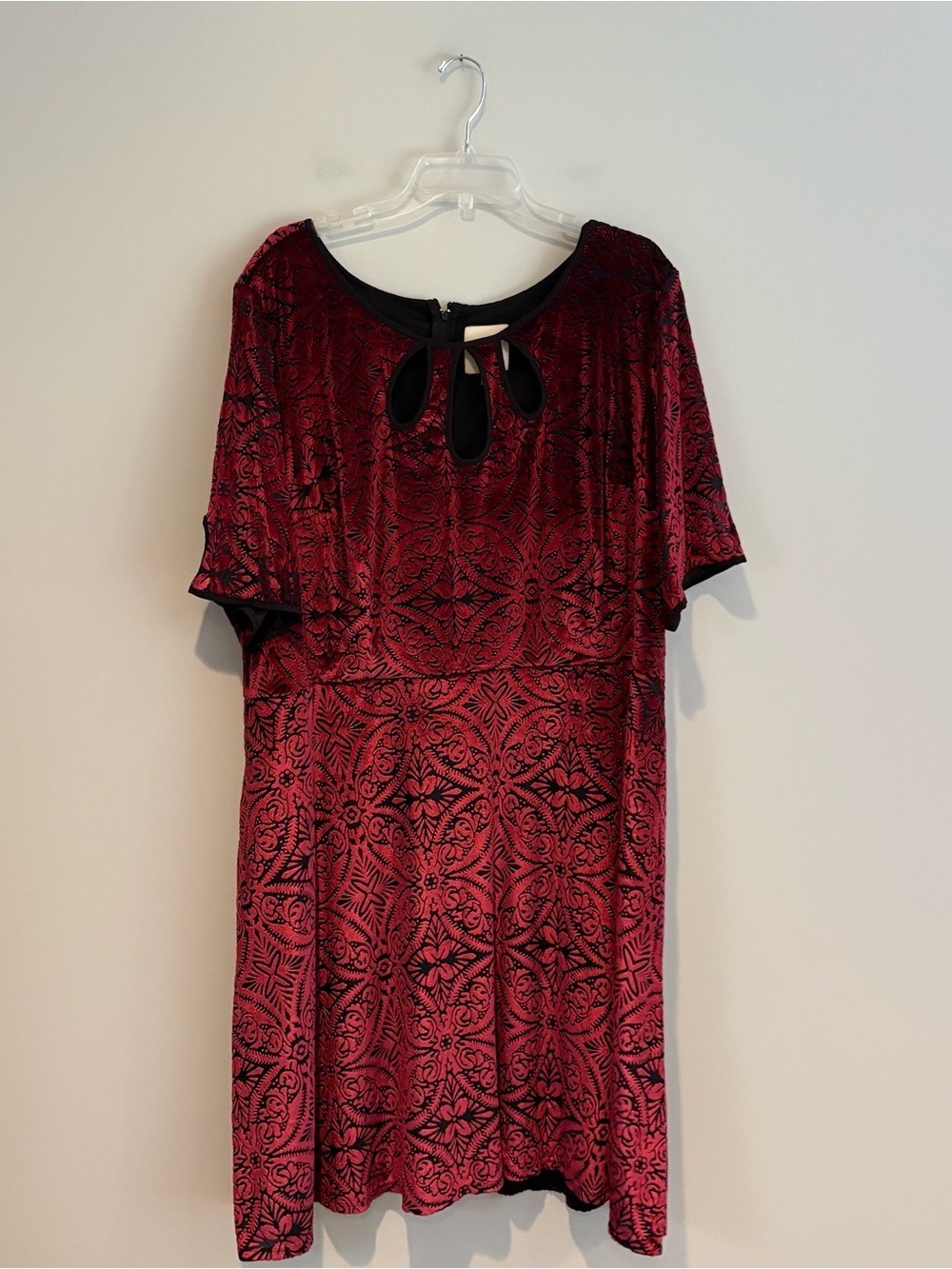 Modcloth Burgundy and Black Burnout Velvet Keyhole Midi Dress with Short Sleeves